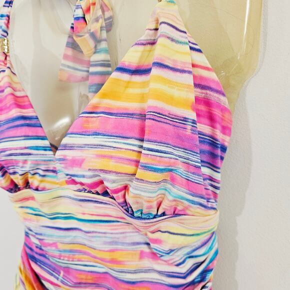 Lauren Ralph Lauren Pastel Striped One Piece Halter Ruched Swimsuit EUC 16W - Picture 4 of 11